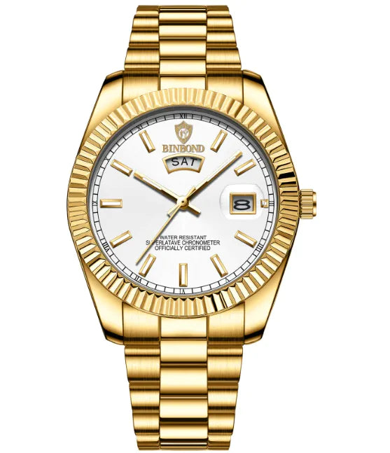 Men's Stainless Steel Waterproof Watch with Double Calendar and Luminous Display
