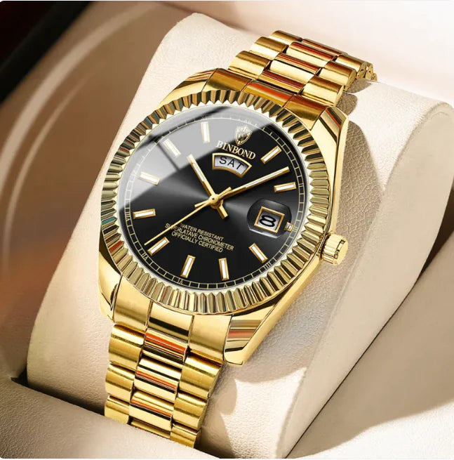 Men's Stainless Steel Waterproof Watch with Double Calendar and Luminous Display