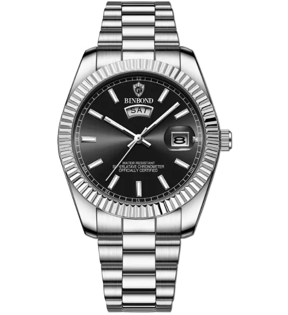 Men's Stainless Steel Waterproof Watch with Double Calendar and Luminous Display