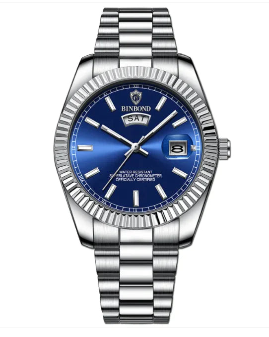 Men's Stainless Steel Waterproof Watch with Double Calendar and Luminous Display