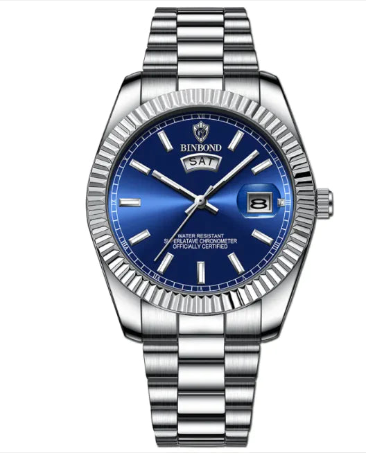 Men's Stainless Steel Waterproof Watch with Double Calendar and Luminous Display