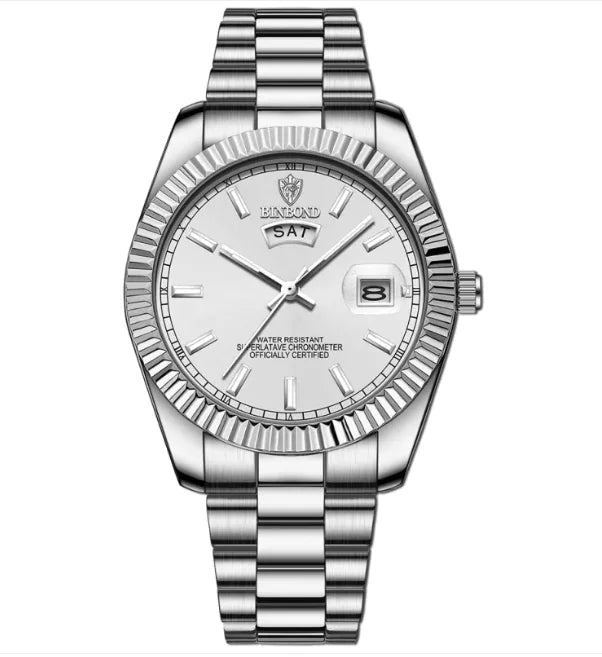 Men's Stainless Steel Waterproof Watch with Double Calendar and Luminous Display