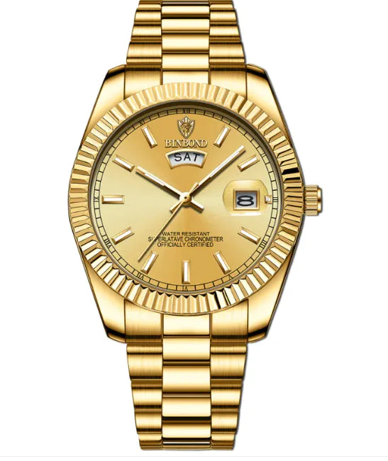 Men's Stainless Steel Waterproof Watch with Double Calendar and Luminous Display