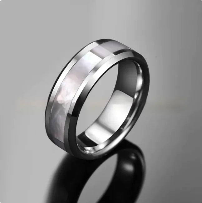 Wide Inlaid White Fritillary Tungsten Steel Ring, 8mm, White, Multiple Sizes