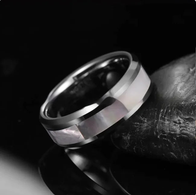 Wide Inlaid White Fritillary Tungsten Steel Ring, 8mm, White, Multiple Sizes