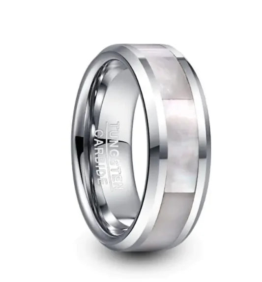 Wide Inlaid White Fritillary Tungsten Steel Ring, 8mm, White, Multiple Sizes