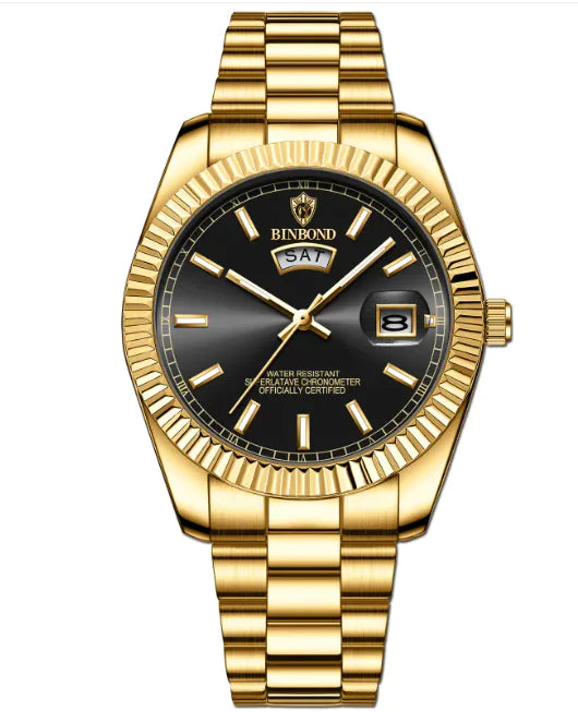 Men's Stainless Steel Waterproof Watch with Double Calendar and Luminous Display