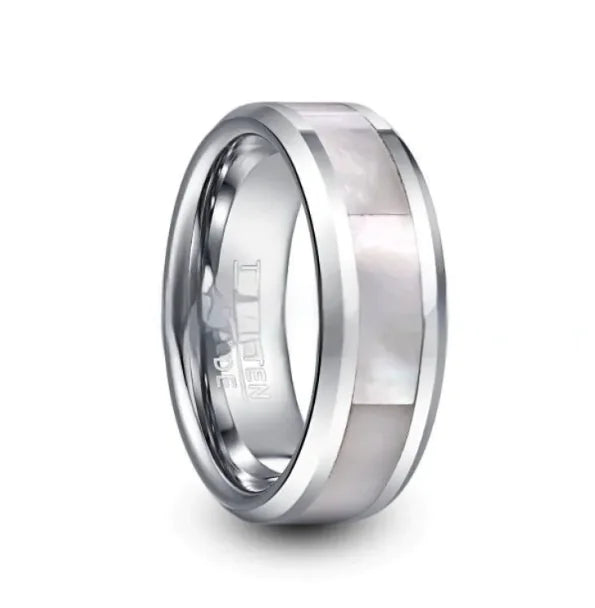 Wide Inlaid White Fritillary Tungsten Steel Ring, 8mm, White, Multiple Sizes
